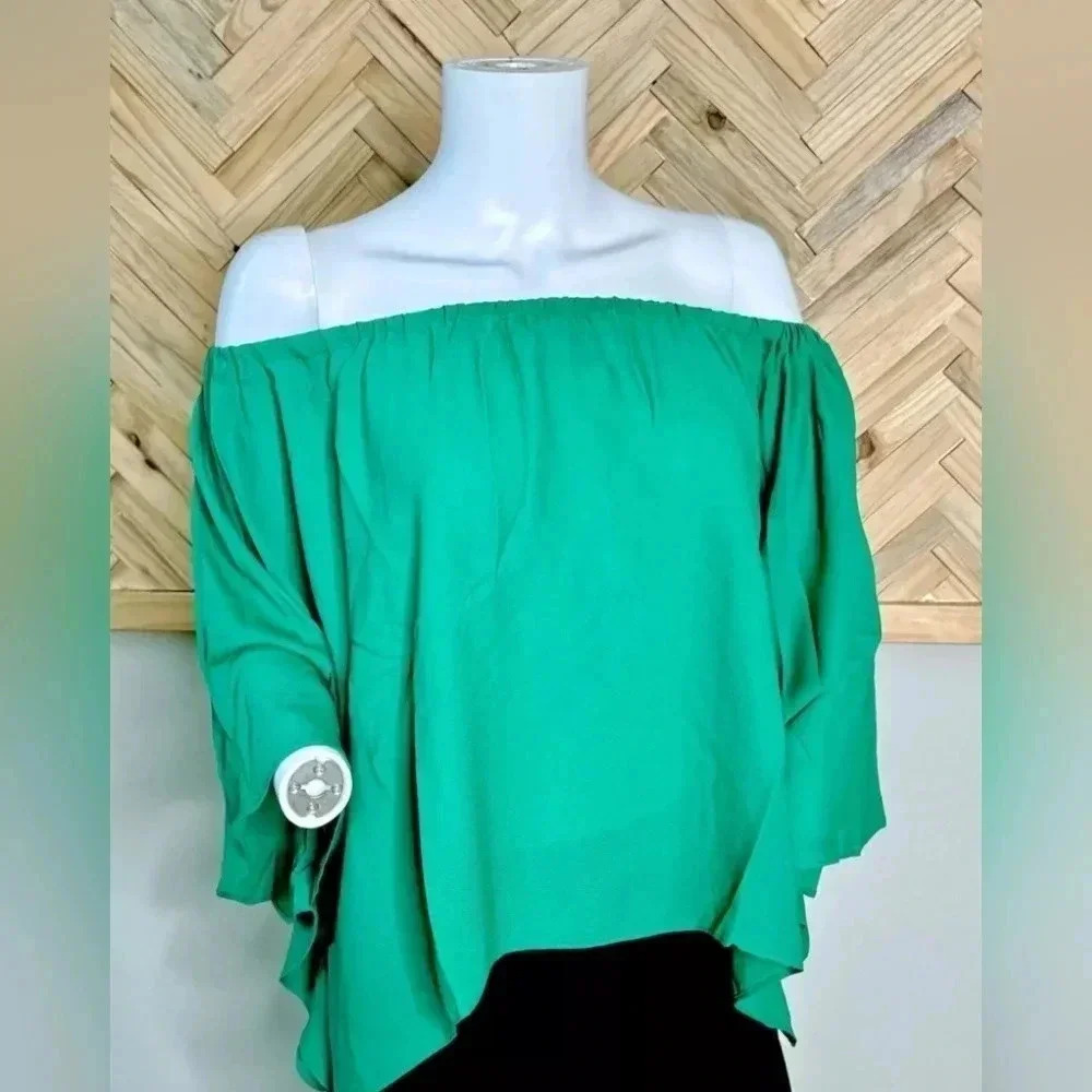 Krisa Drape Top Off Shoulder Sz S/M Green Lightweight Chiffon NWT